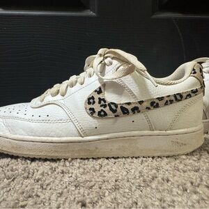 Women’s Nike Cream Sneakers with Leopard Print Swoosh size 9